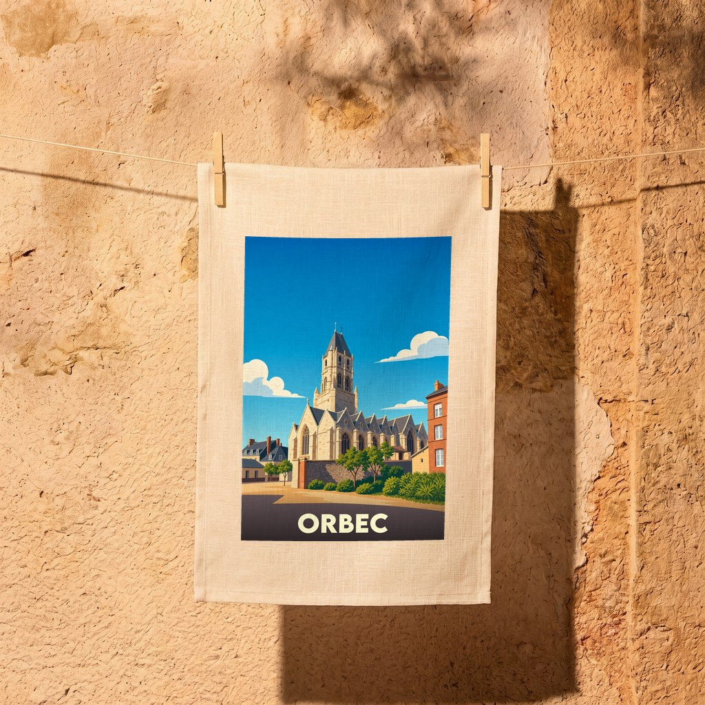 Torchon souvenir de la ville d'Orbec avec une illustration stylisée de son église sous un ciel bleu.