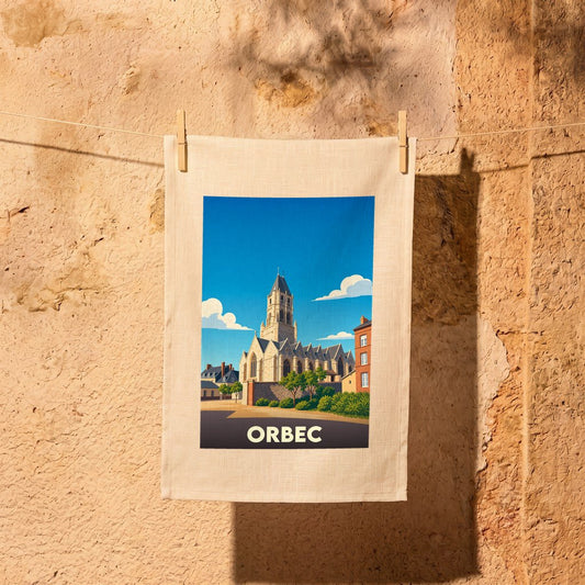 Torchon souvenir de la ville d'Orbec avec une illustration stylisée de son église sous un ciel bleu.