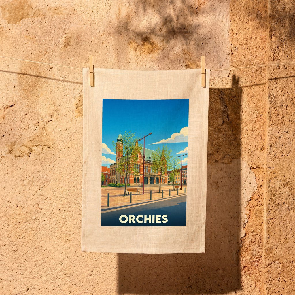 Torchon souvenir de la ville d'Orchies avec une illustration stylisée d'une place ensoleillée.