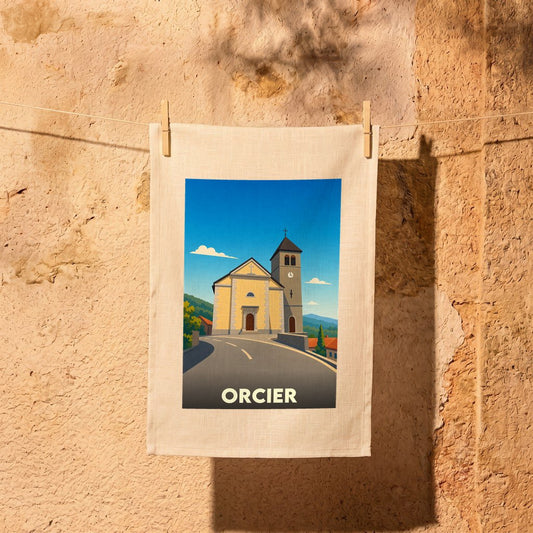 Torchon souvenir de la ville d'Orcier avec une illustration stylisée de son église.