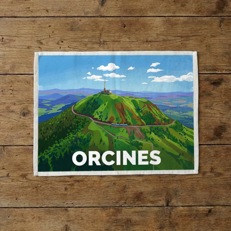 Torchon souvenir de la ville d'Orcines avec une illustration stylisée du Puy de Dôme.