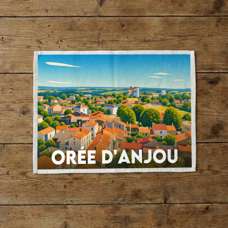 Torchon souvenir de la ville d'Orée d'Anjou avec une illustration stylisée d'un panorama urbain verdoyant.