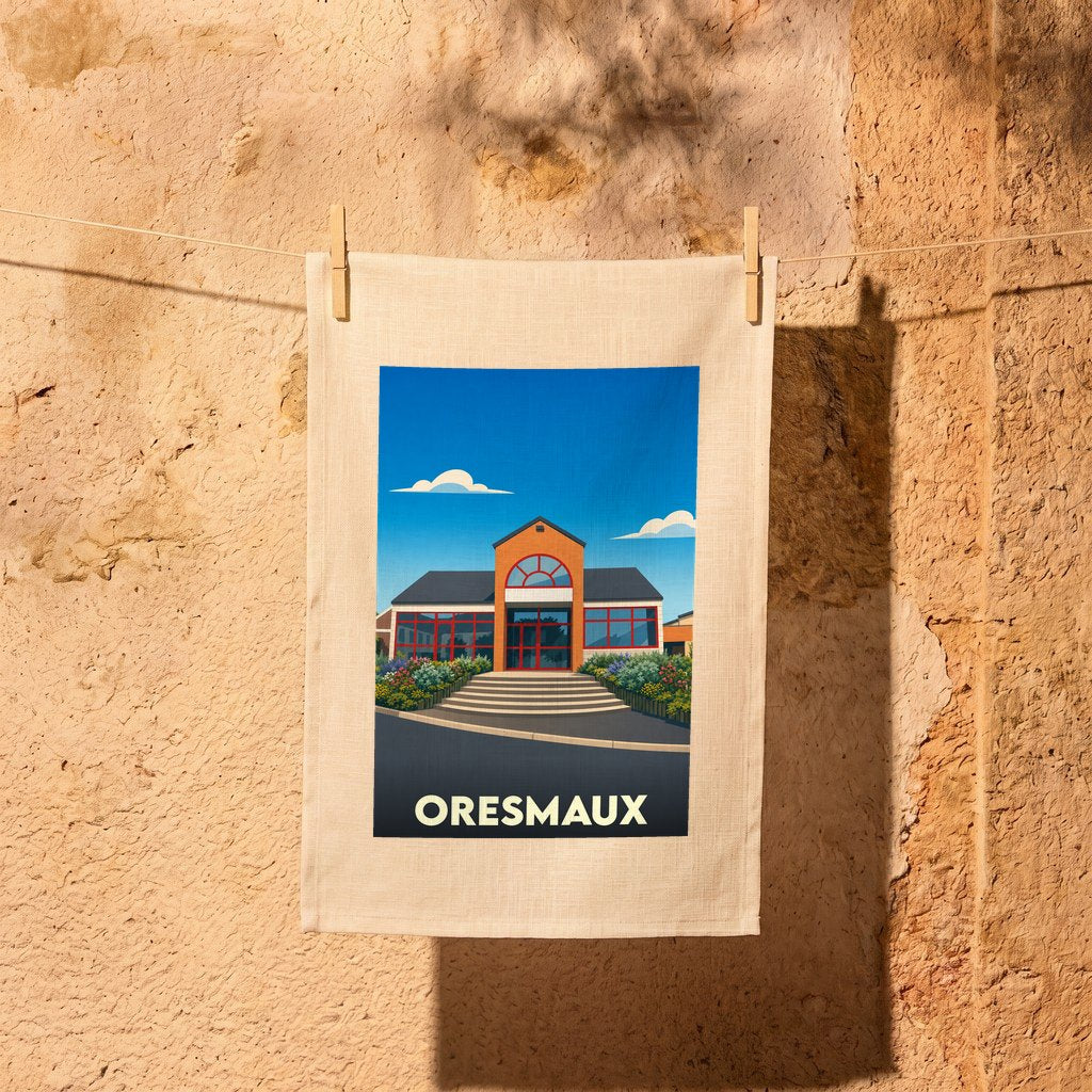 Torchon souvenir de la ville de Oresmaux avec une illustration stylisée.