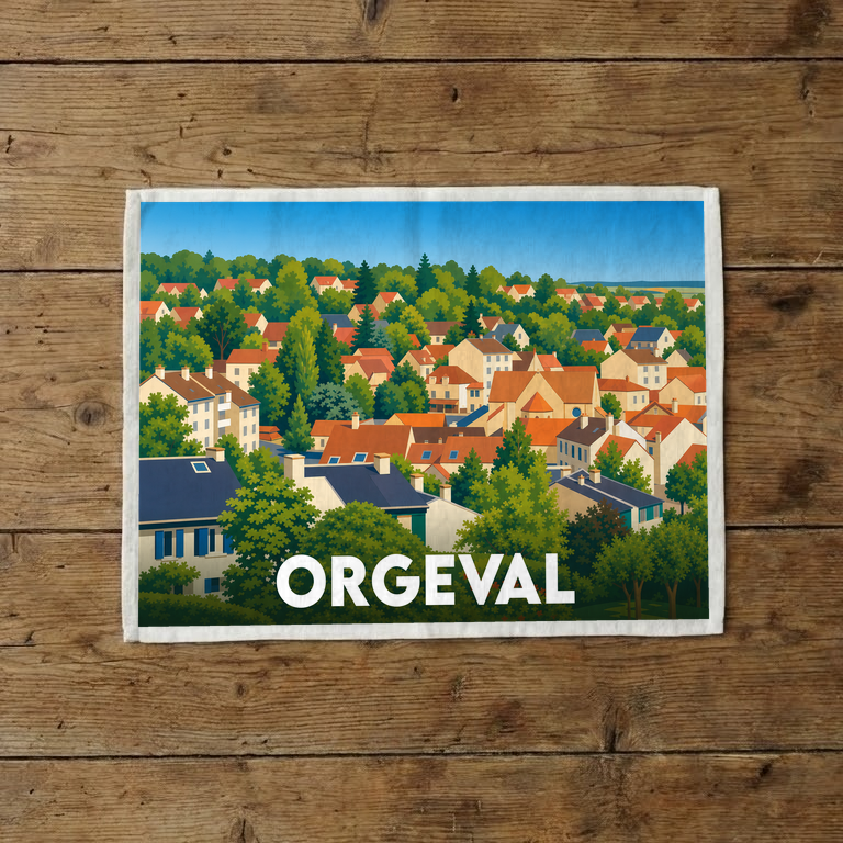 Torchon souvenir de la ville de Orgeval avec une illustration stylisée de ses toits et de sa végétation.