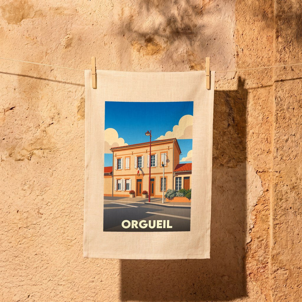 Torchon souvenir de la ville d'Orgueil avec une illustration stylisée d'un bâtiment typique sous un ciel bleu.