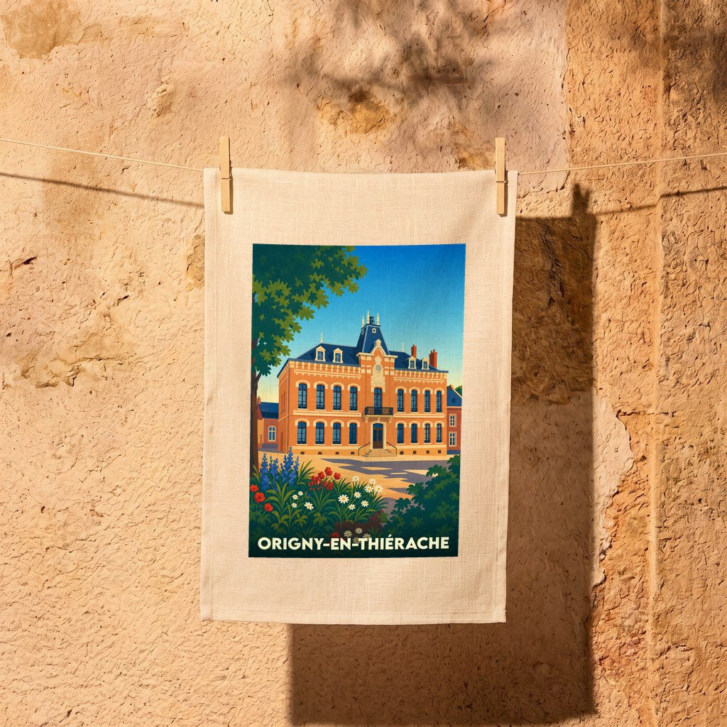 Torchon souvenir de la ville d'Origny-en-Thiérache illustré d'un dessin stylisé de sa mairie.