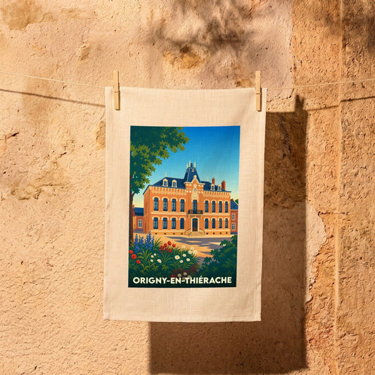 Torchon souvenir de la ville d'Origny-en-Thiérache illustré d'un dessin stylisé de sa mairie.
