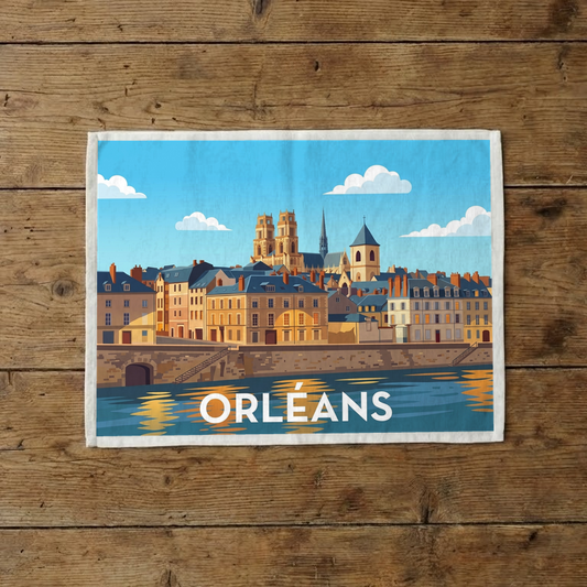 Torchon souvenir de la ville d'Orléans avec une illustration stylisée.