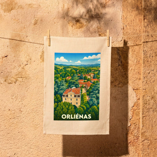 Torchon souvenir de la ville d'Orliénas orné d'une illustration paysagère stylisée.