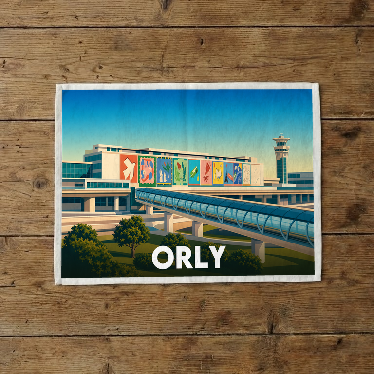 Torchon souvenir de la ville d'Orly avec une illustration stylisée de son aéroport.