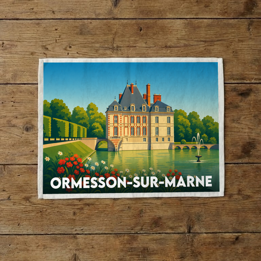 Torchon souvenir de la ville de Ormesson-sur-Marne illustrant son château et son parc dans un style vintage.