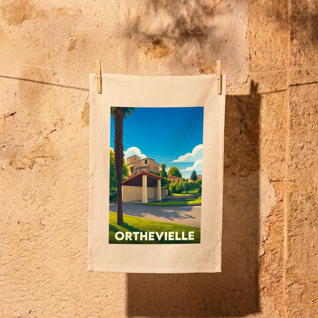 Torchon souvenir de la ville d'Orthevielle avec une illustration stylisée et colorée.