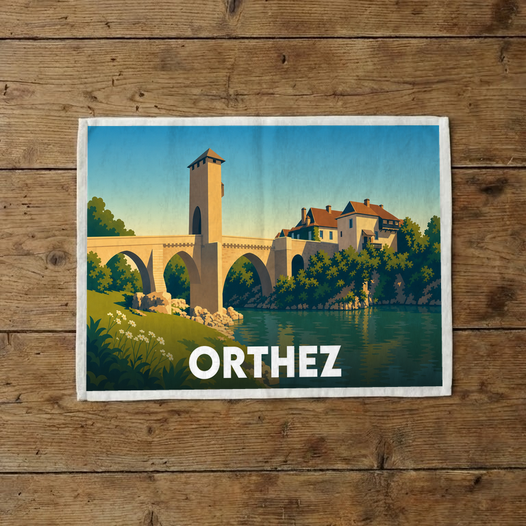 Torchon souvenir de la ville d'Orthez avec une illustration stylisée de son célèbre pont fortifié.