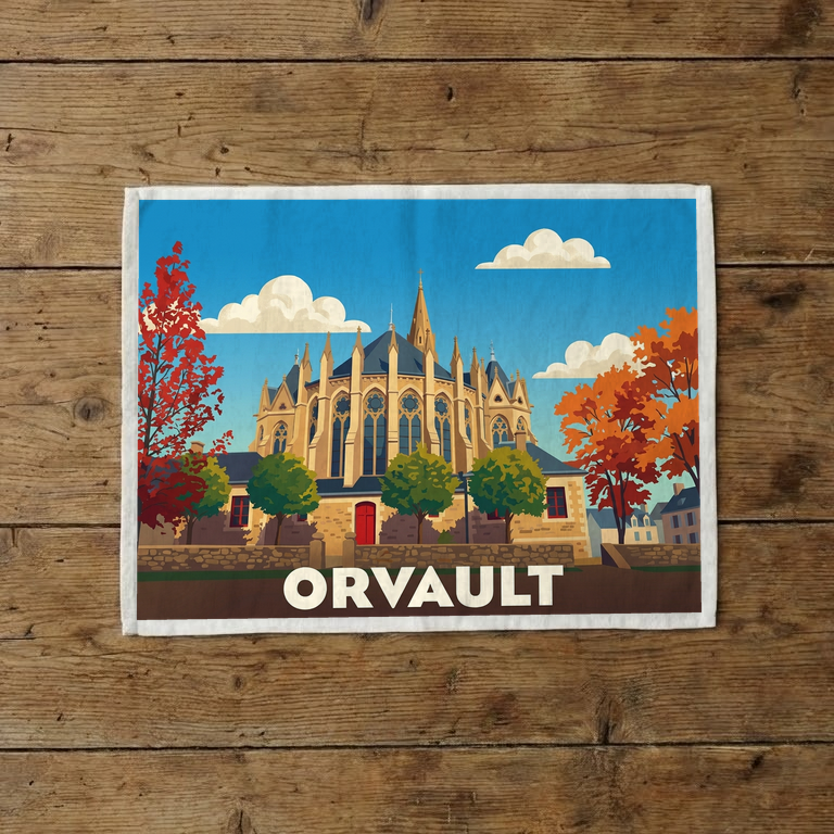 Torchon souvenir de la ville d'Orvault avec une illustration stylisée de son église entourée d'arbres aux couleurs automnales.