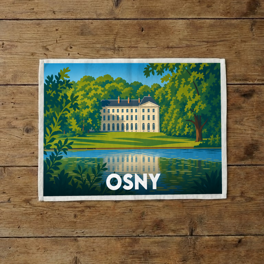 Torchon souvenir de la ville d'Osny avec une illustration stylisée de son château au bord de l'eau.