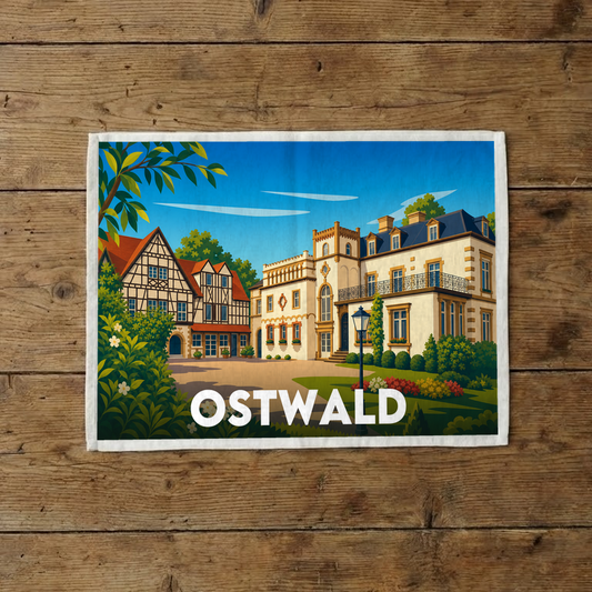 Torchon souvenir de la ville d'Ostwald avec une illustration stylisée de son architecture pittoresque.