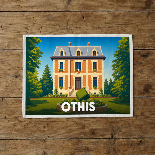 Torchon souvenir de la ville d'Othis avec une illustration stylisée d'une demeure de caractère.