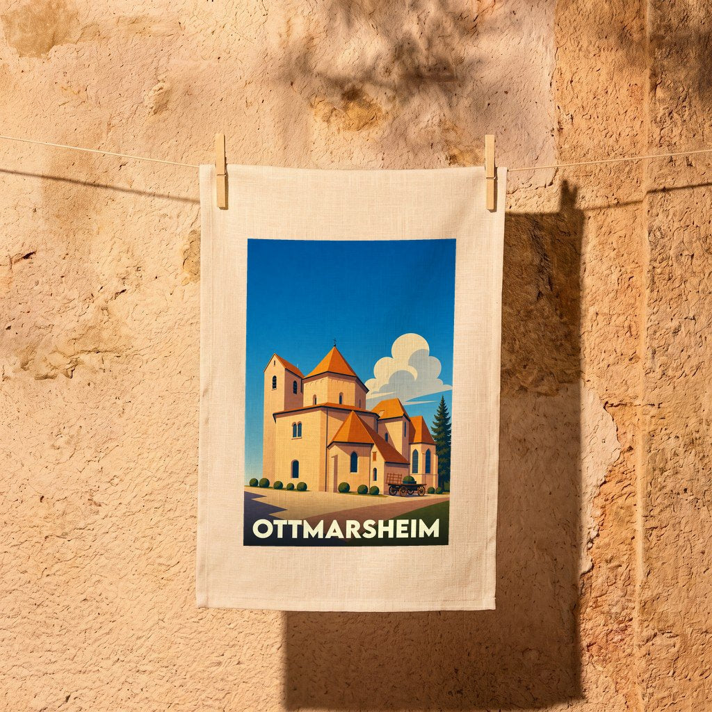 Torchon souvenir de la ville d'Ottmarsheim illustré d'une vue stylisée de son église abbatiale.
