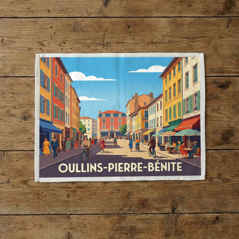 Torchon souvenir de la ville de Oullins-Pierre-Bénite orné d'une illustration stylisée et colorée d'une rue animée.