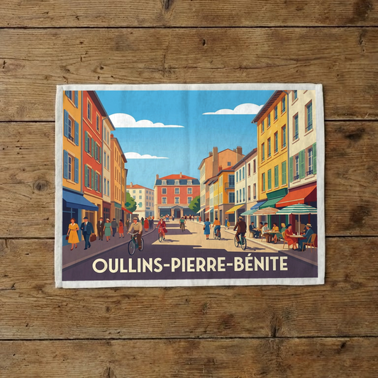 Torchon souvenir de la ville de Oullins-Pierre-Bénite orné d'une illustration stylisée et colorée d'une rue animée.