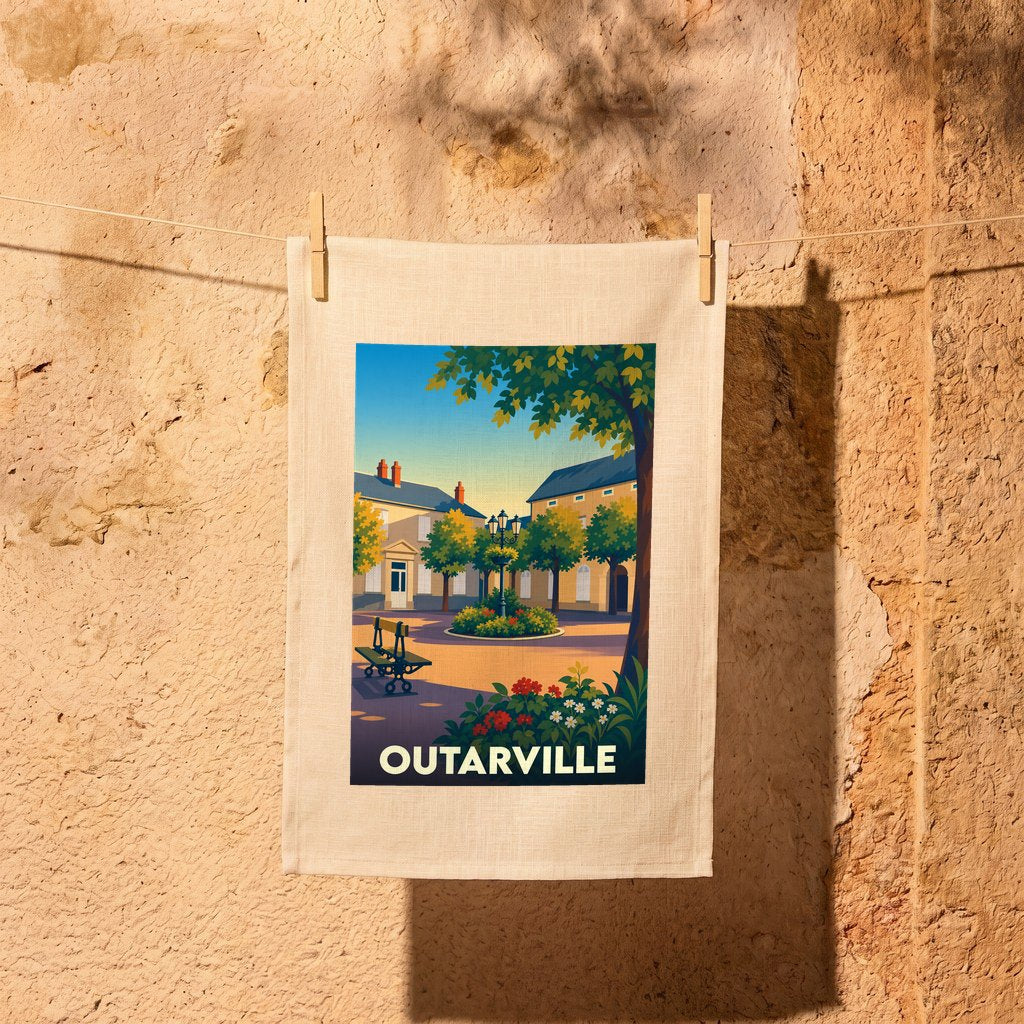 Torchon souvenir de la ville d'Outarville avec une illustration stylisée d'une place ensoleillée.