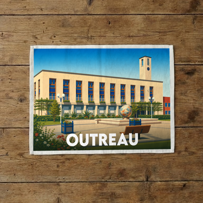 Torchon souvenir de la ville d'Outreau avec une illustration stylisée.