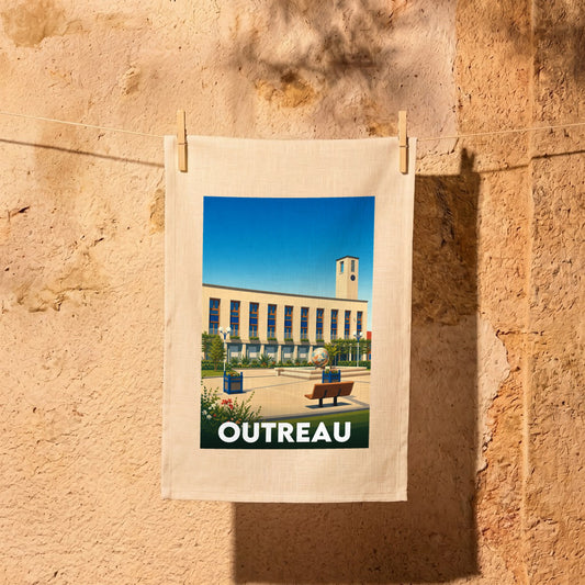Torchon souvenir de la ville d'Outreau avec une illustration stylisée.