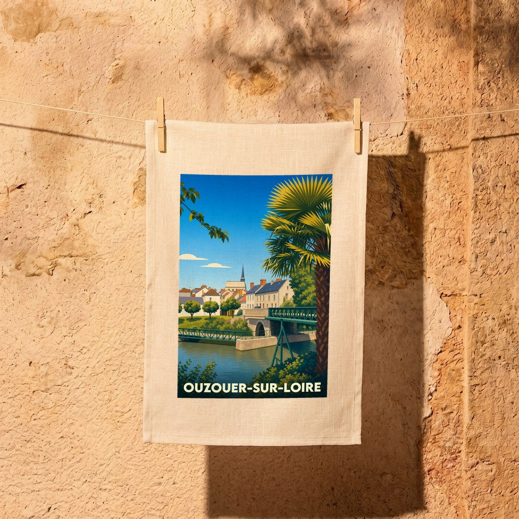 Torchon souvenir de la ville d’Ouzouer-sur-Loire orné d'une illustration stylisée de ses bords de Loire et de son pont.