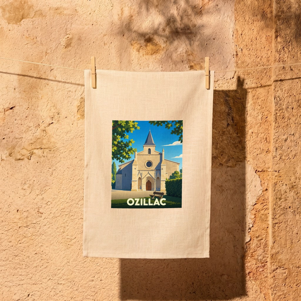 Torchon souvenir de la ville d'Ozillac avec une illustration stylisée de son église.