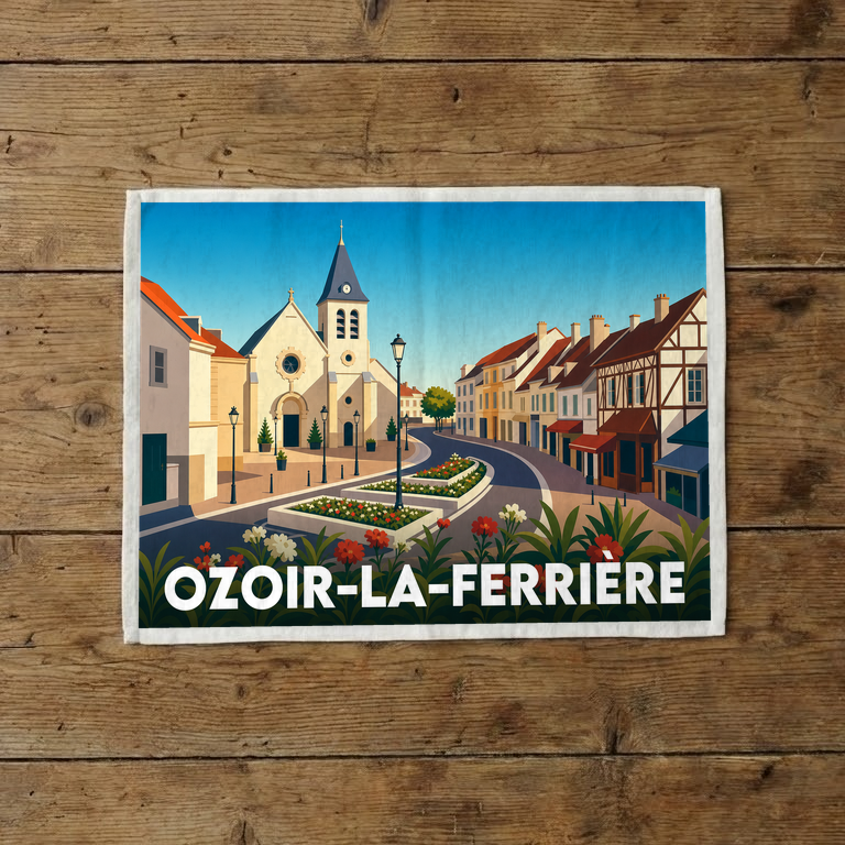 Torchon souvenir de la ville d'Ozoir-la-Ferrière avec une illustration stylisée de son centre historique.