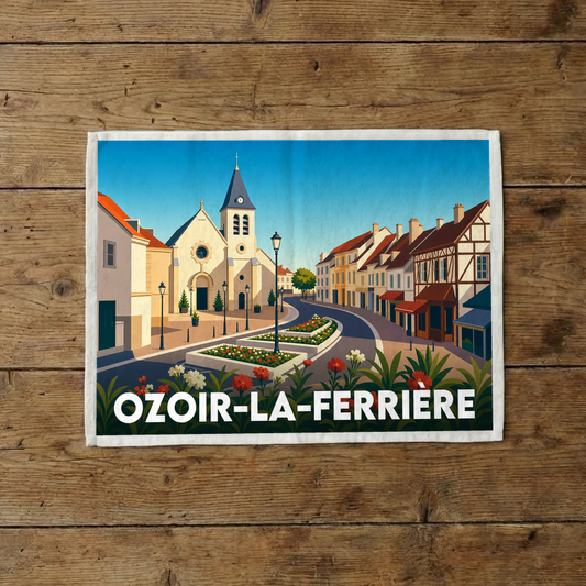Torchon souvenir de la ville d'Ozoir-la-Ferrière avec une illustration stylisée de son centre historique.