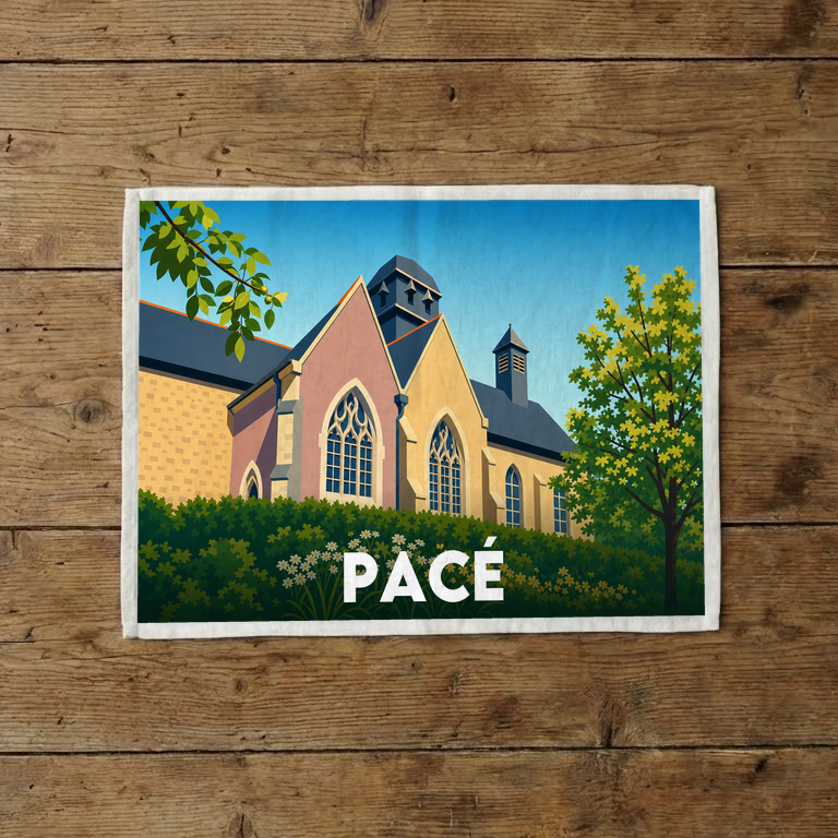 Torchon souvenir de la ville de Pacé avec une illustration graphique et colorée de son église.