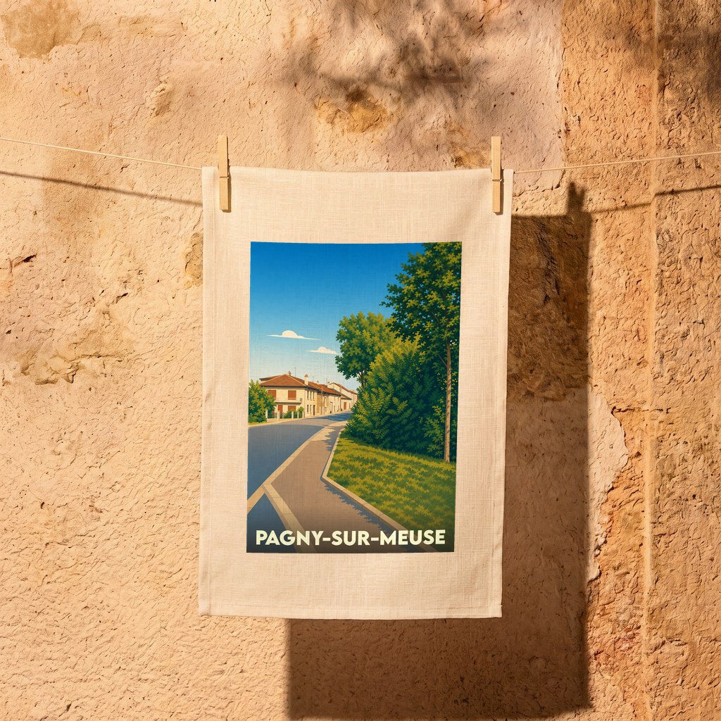 Torchon souvenir de la ville de Pagny-sur-Meuse avec une illustration stylisée.