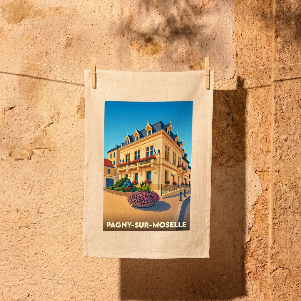 Torchon souvenir de la ville de Pagny-sur-Moselle avec une illustration stylisée d'un bâtiment historique.