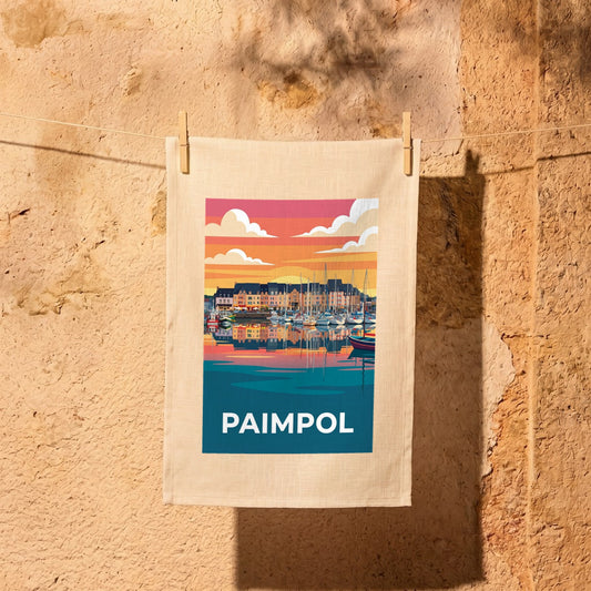 Torchon souvenir de la ville de Paimpol avec une illustration stylisée de son port.