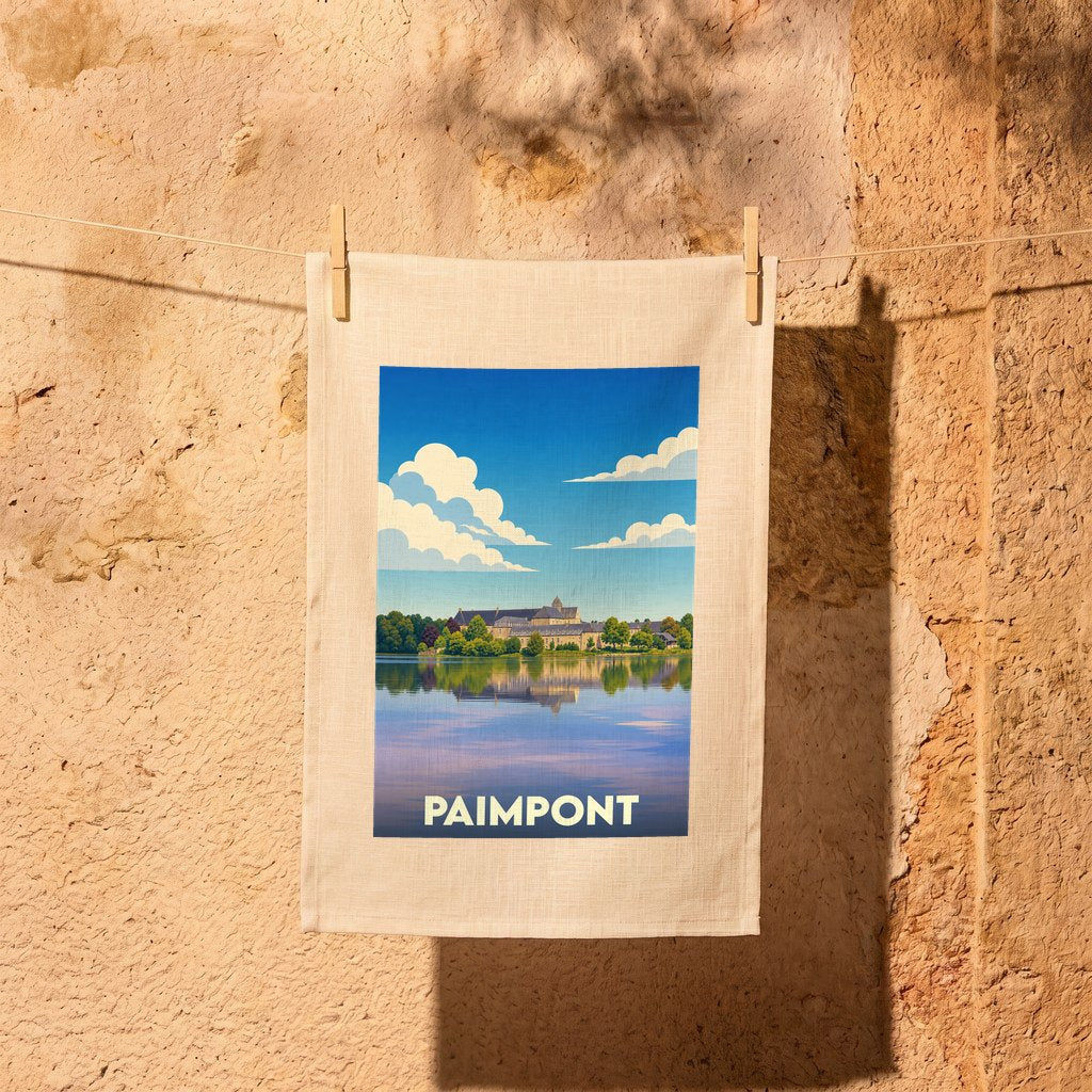 Torchon souvenir de la ville de Paimpont illustré d'un paysage lacustre stylisé.