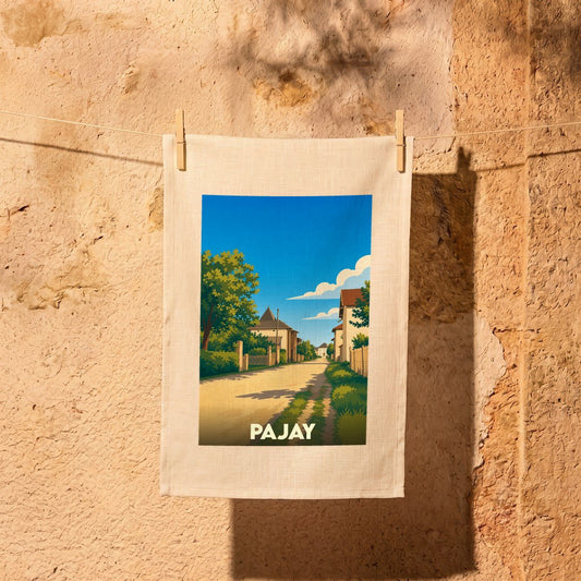 Torchon souvenir de la ville de Pajay avec une illustration stylisée.