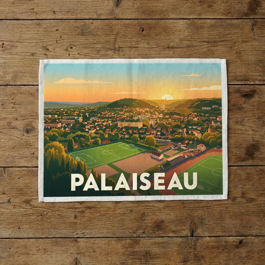 Torchon souvenir de la ville de Palaiseau avec une illustration stylisée et colorée de son paysage au coucher du soleil.