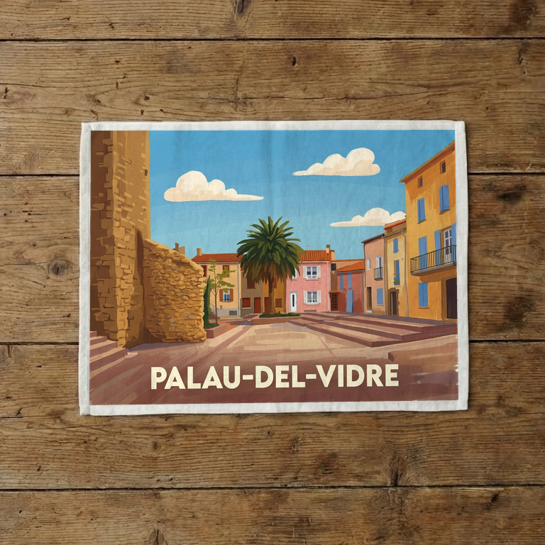Torchon souvenir de la ville de Palau-del-Vidre avec une illustration stylisée.