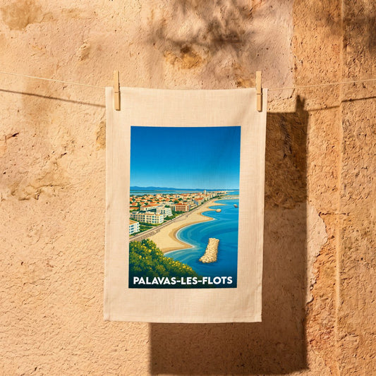 Torchon souvenir de la ville de Palavas-les-Flots avec une illustration stylisée du bord de mer.