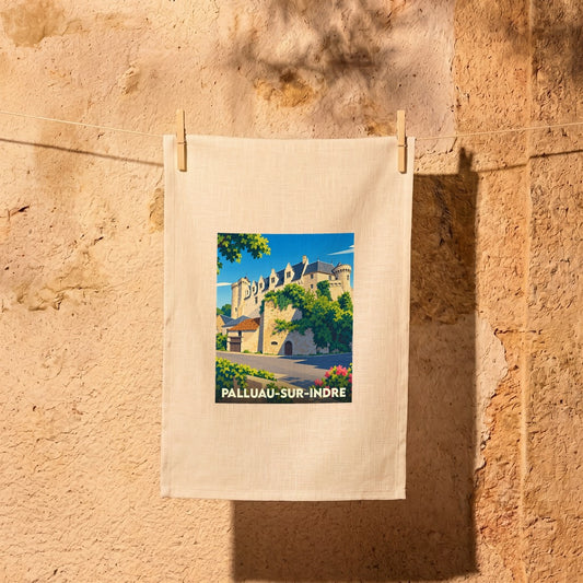 Torchon souvenir de la ville de Palluau-sur-Indre avec une illustration stylisée de son château.