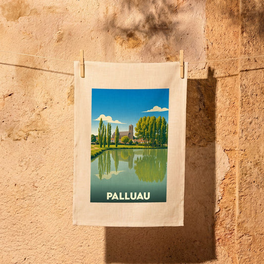 Torchon souvenir de la ville de Palluau avec une illustration stylisée.