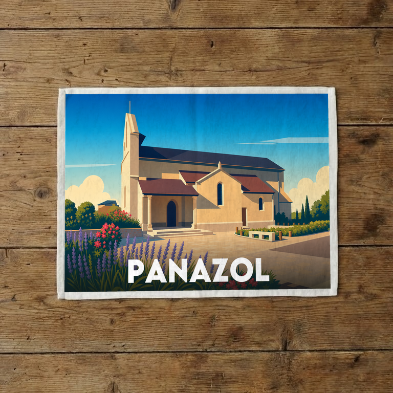 Torchon souvenir de la ville de Panazol avec une illustration stylisée de son église.