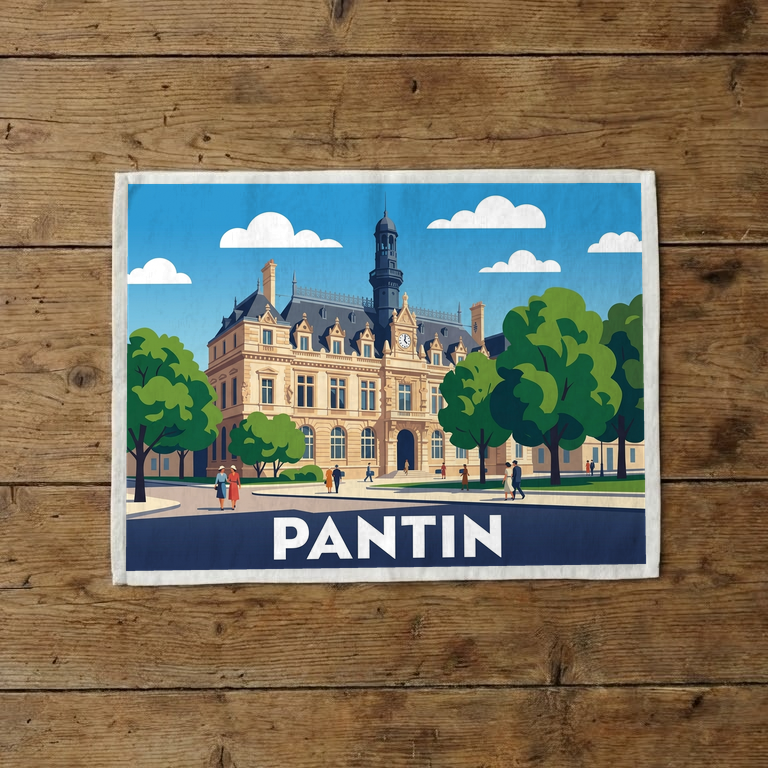 Torchon souvenir de la ville de Pantin avec une illustration stylisée de son hôtel de ville.