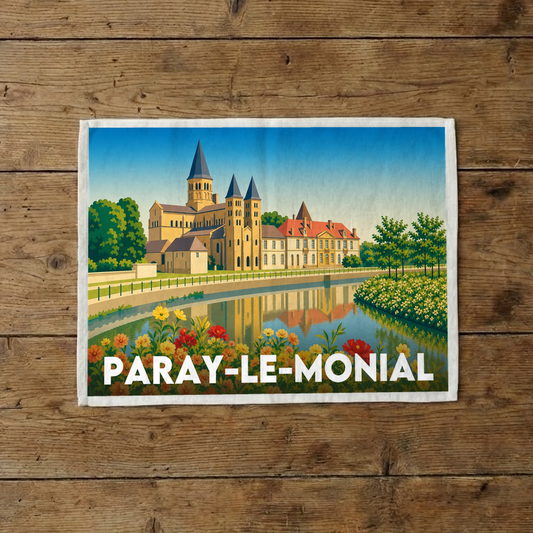 Torchon souvenir de la ville de Paray-le-Monial avec une illustration stylisée.