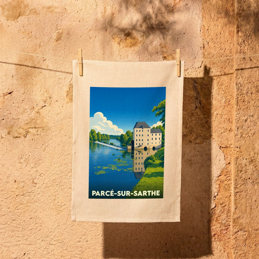 Torchon souvenir de la ville de Parcé-sur-Sarthe avec une illustration stylisée d'un moulin au bord de l'eau.