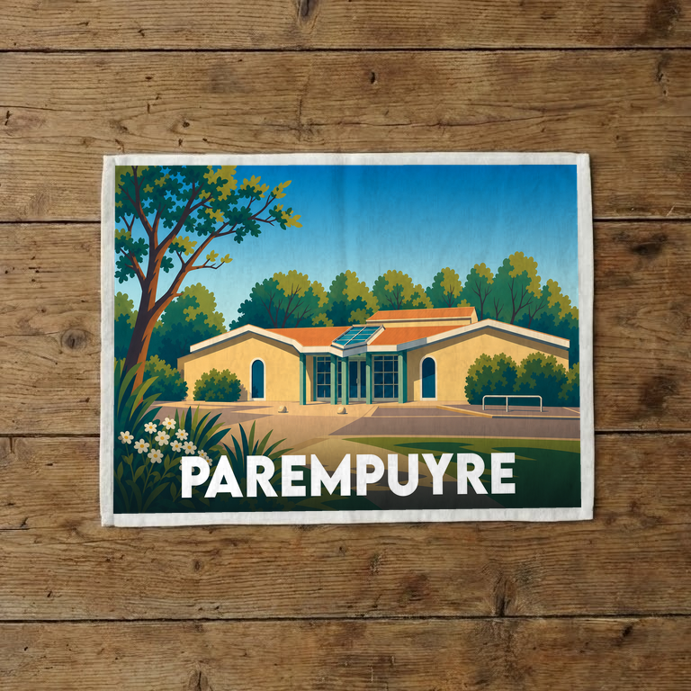 Torchon souvenir de la ville de Parempuyre avec une illustration stylisée de son architecture.