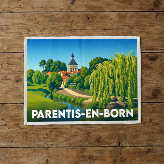 Torchon souvenir de la ville de Parentis-en-Born orné d'une illustration stylisée de son église et de son paysage.