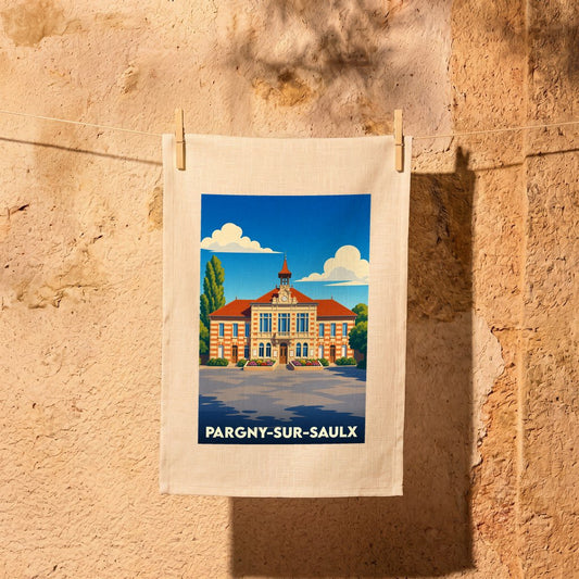 Torchon souvenir de la ville de Pargny-sur-Saulx avec une illustration stylisée de sa mairie.
