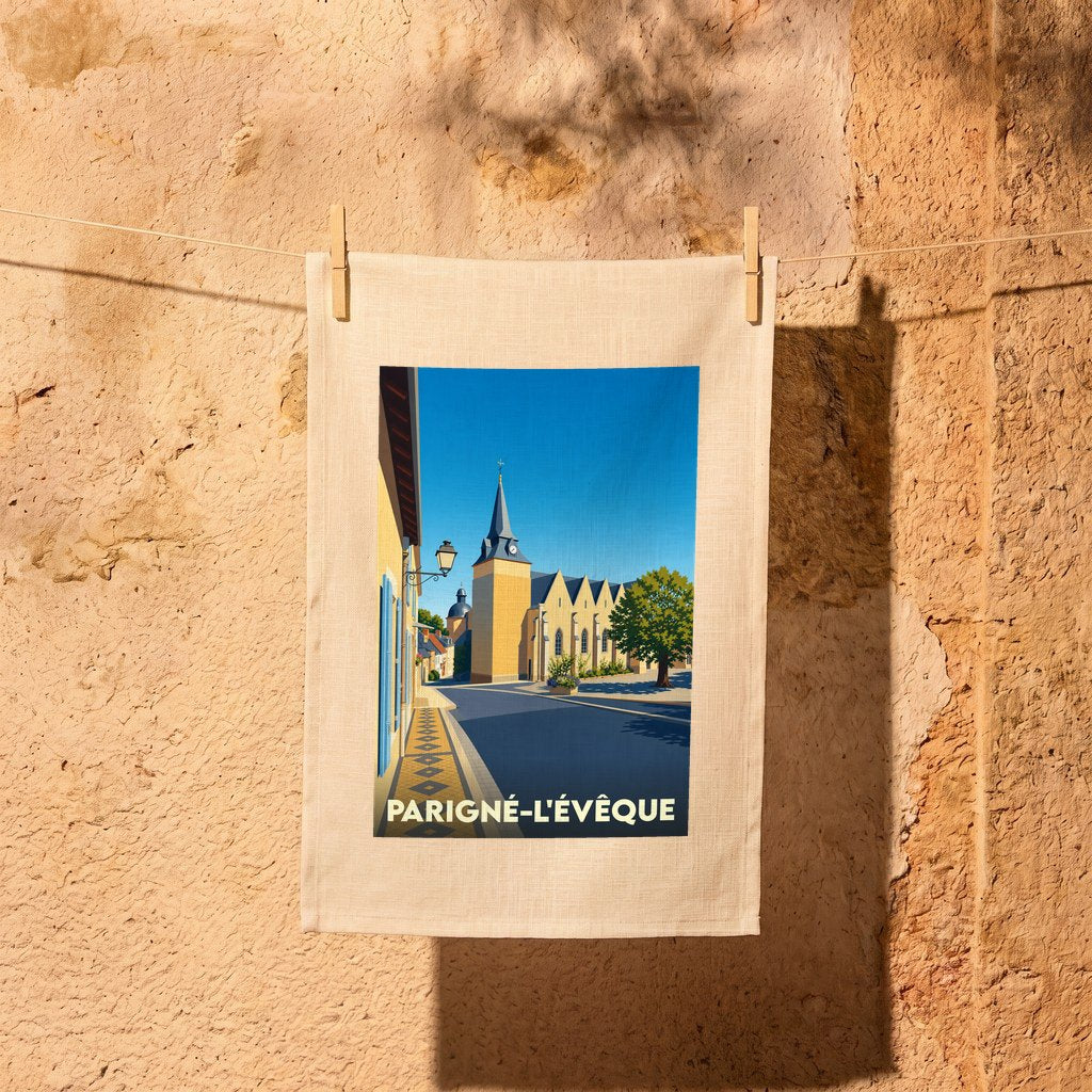 Torchon souvenir de la ville de Parigné-l'Évêque avec une illustration stylisée de son église.